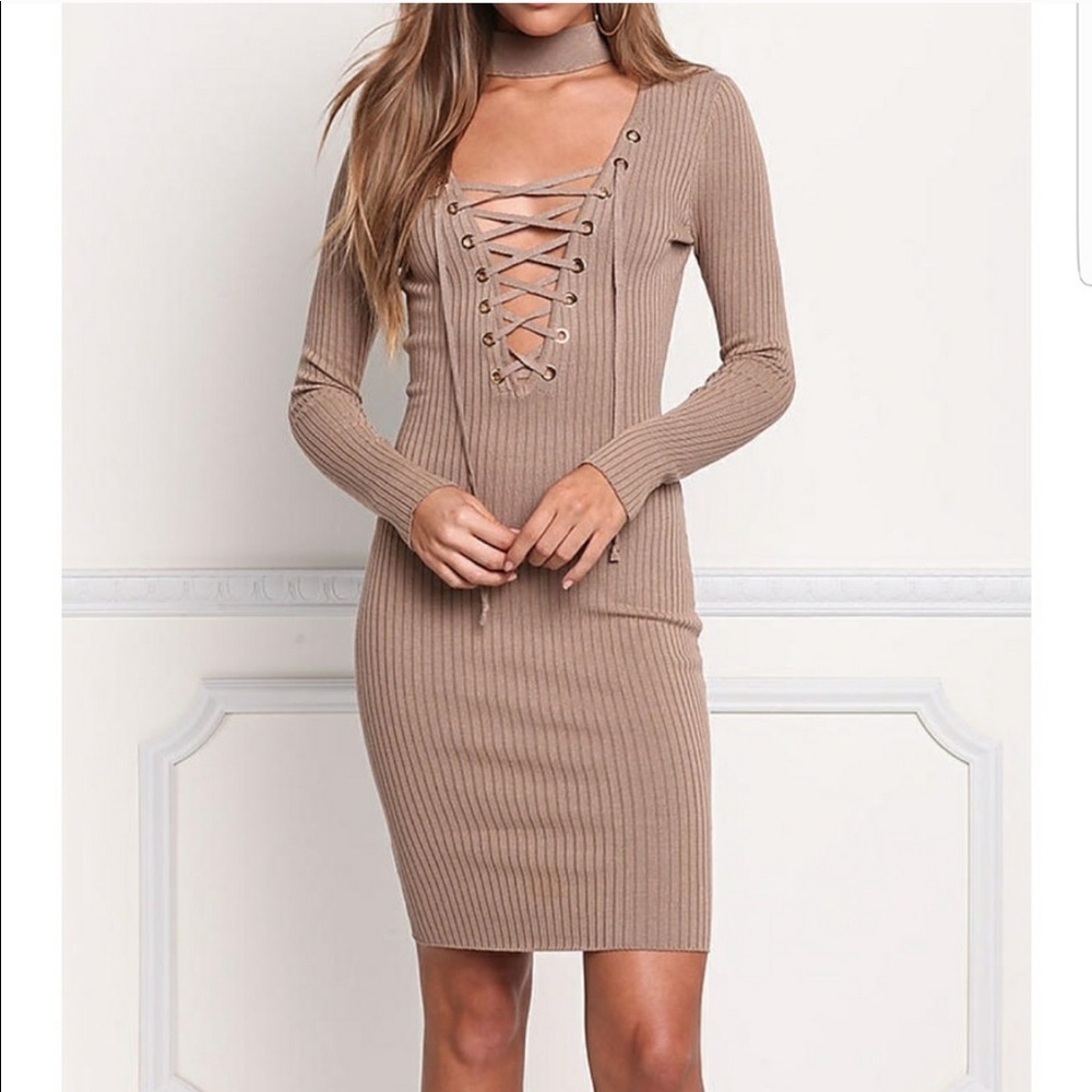♦️ LAST 2 Tan Lace Up Choker Ribbed Midi Dress